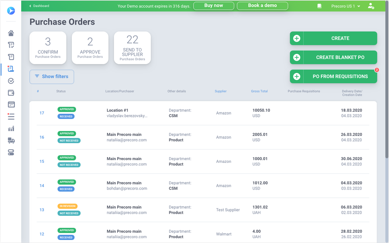 precoro design of purchase orders list