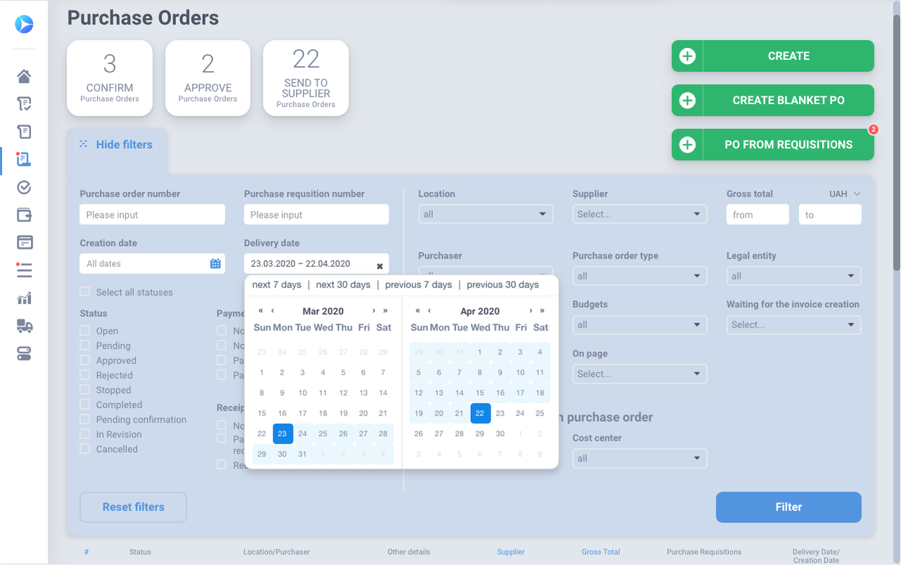 precoro design of purchase orders list filters