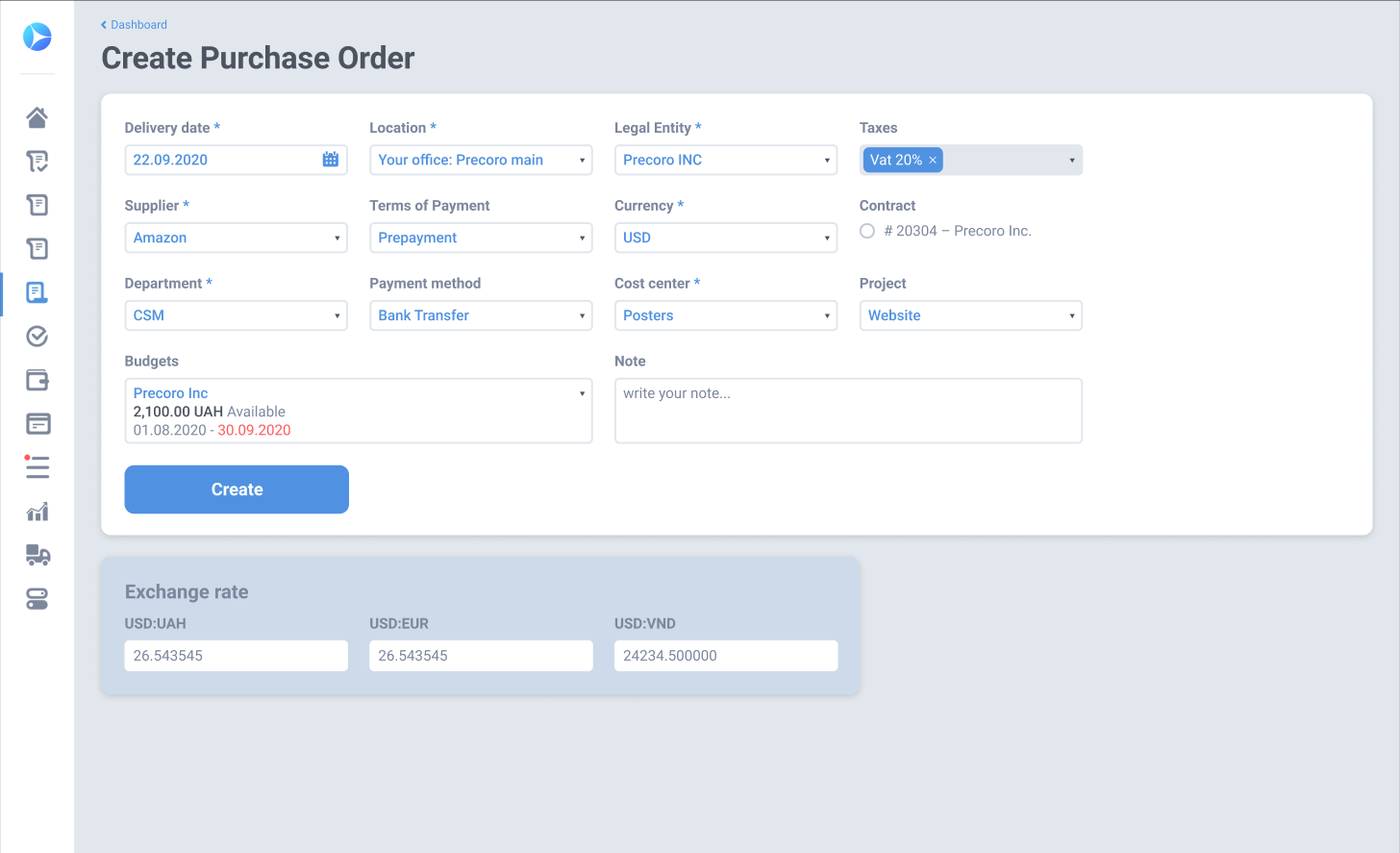 page of purchase order creation in precoro