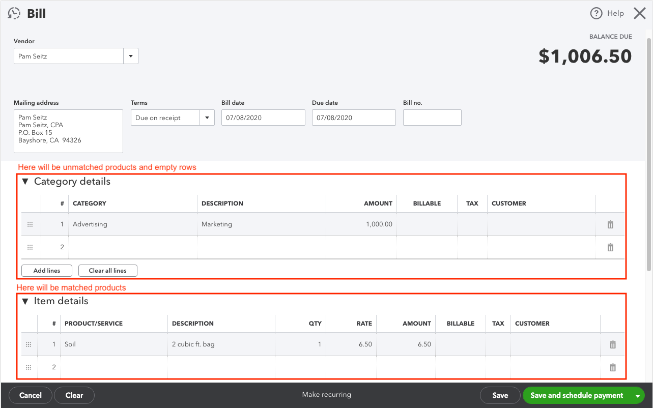 quickbooks bill screen