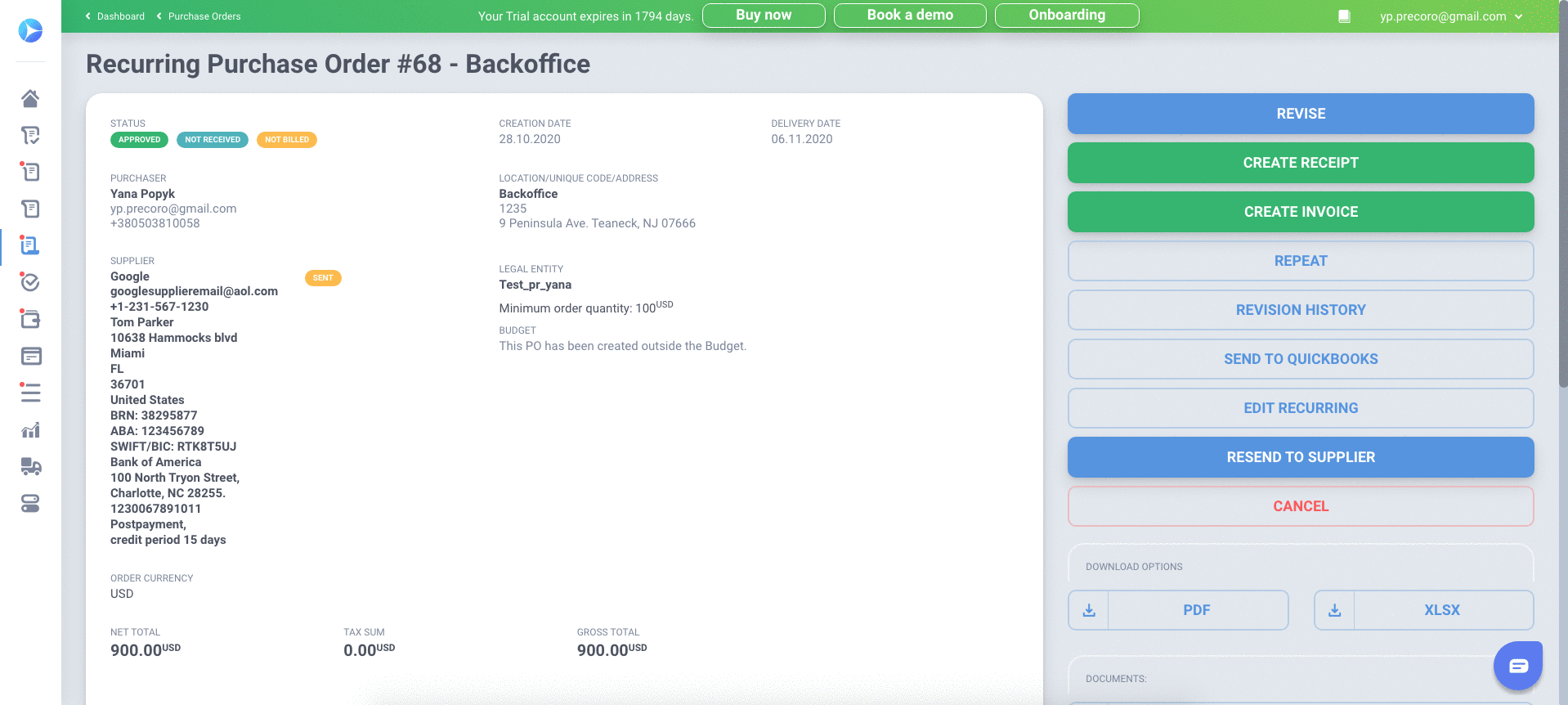 sending purchase order to quickbooks