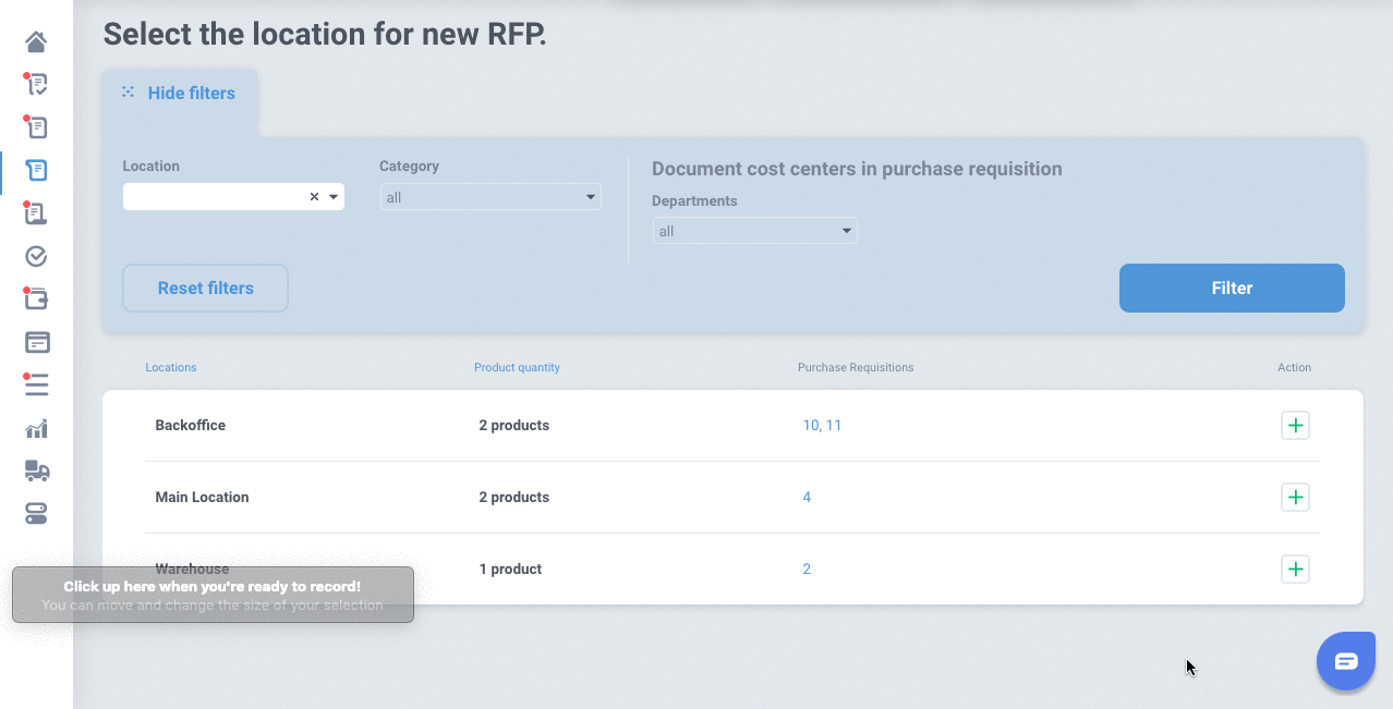 filter items while creating request for proposal