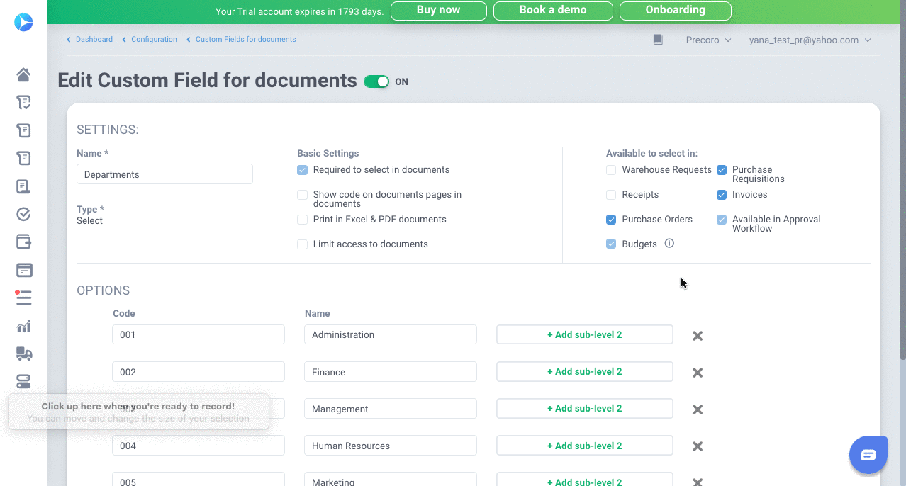 creation of custom field for documents