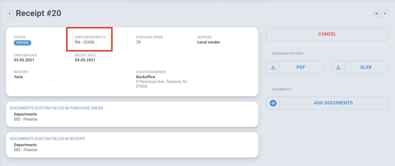 supplier receipt number in precoro