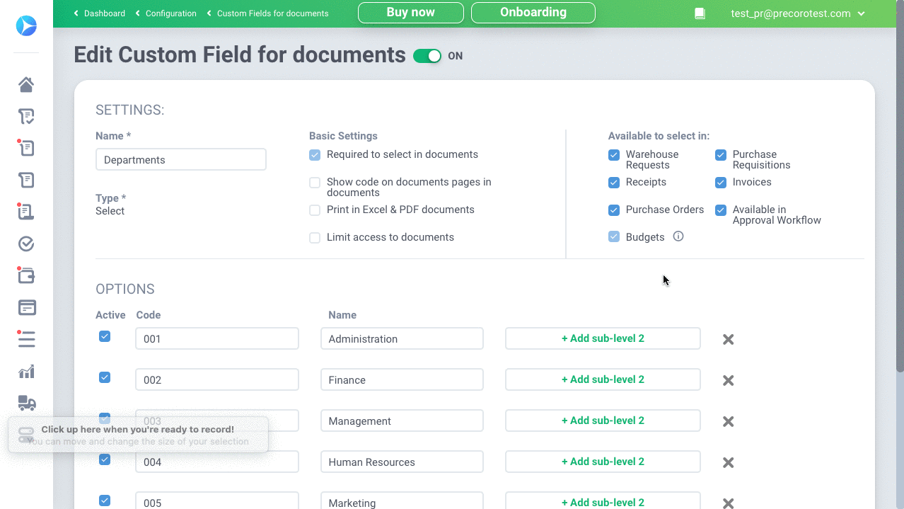 a possibility to enable/disable options in custom fields for documents