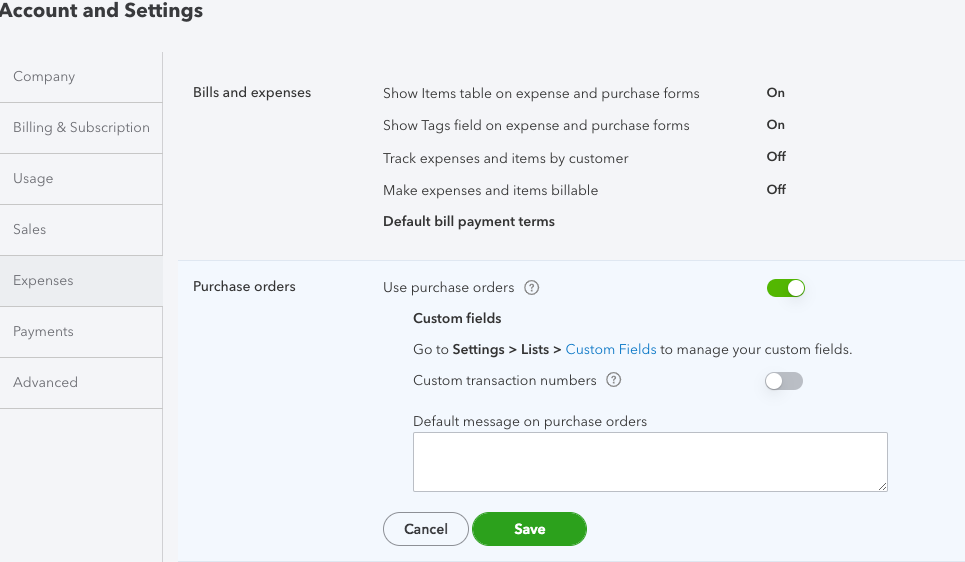 turning on the purchase order feature in quickbooks