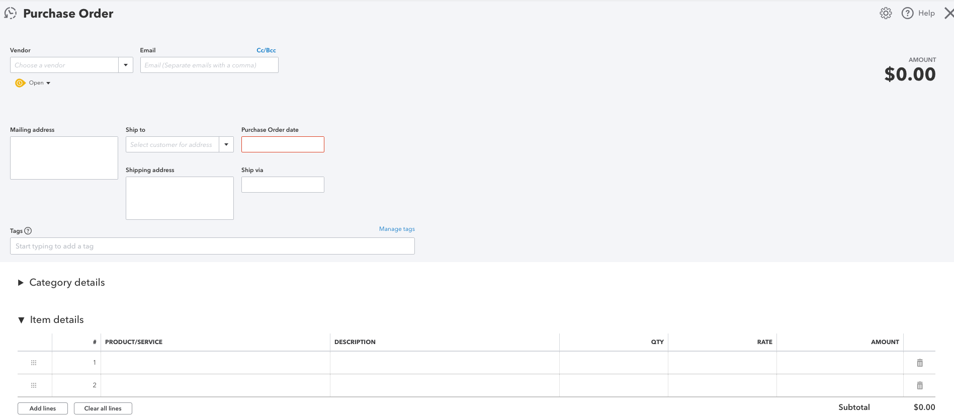 creating purchase order in quickbooks