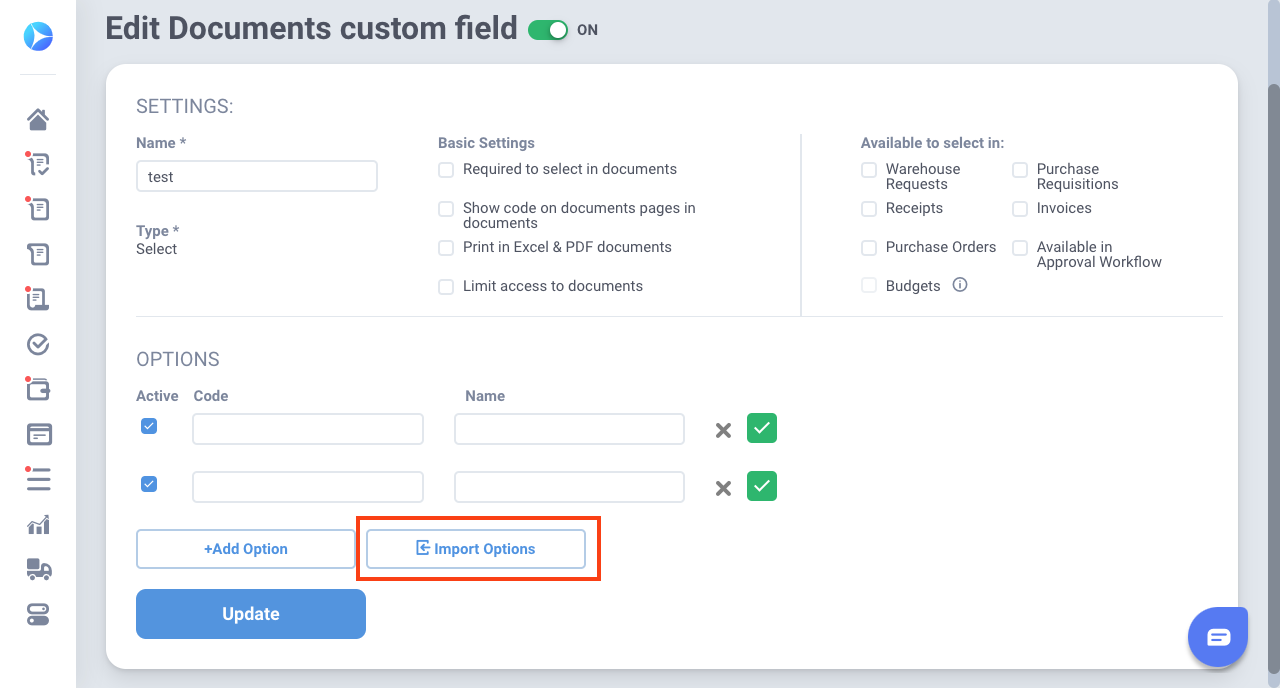 import of documents custom fields