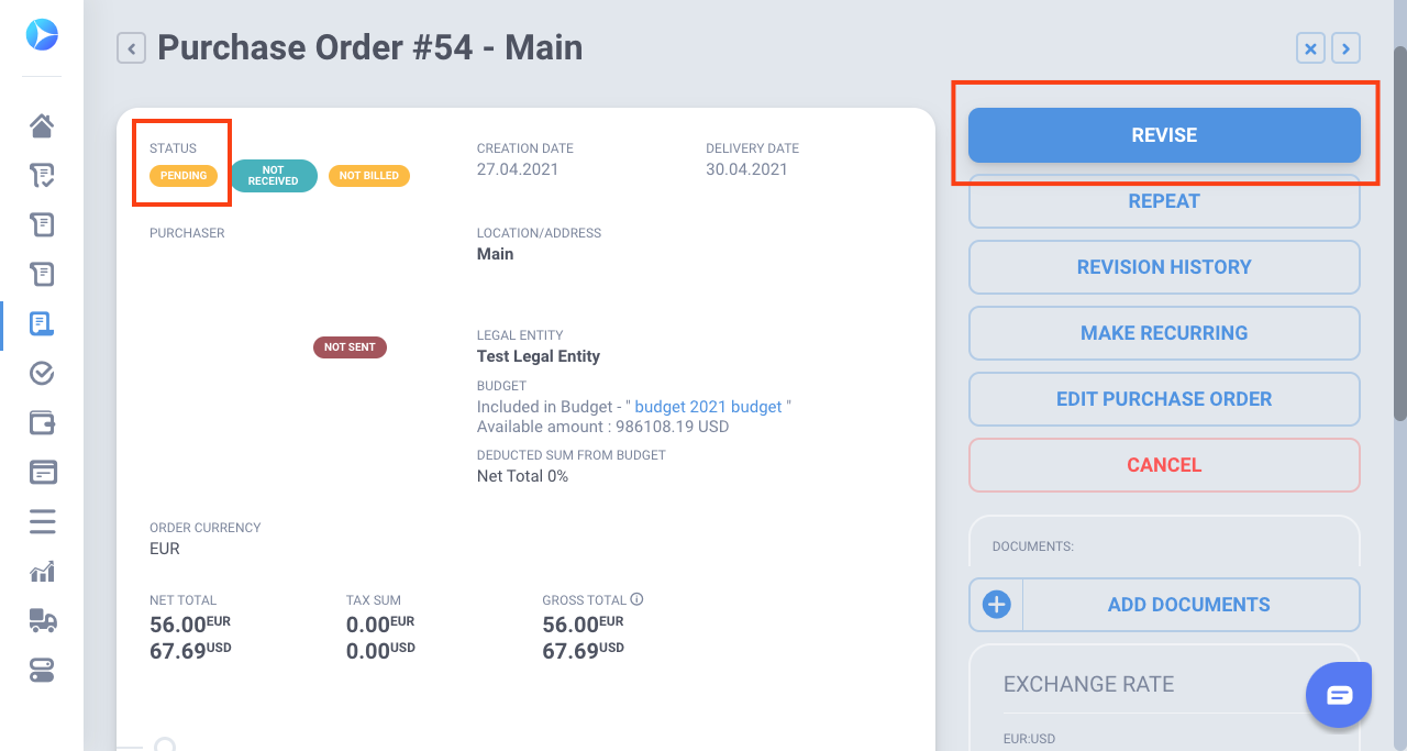 revizing purchase order with pending status