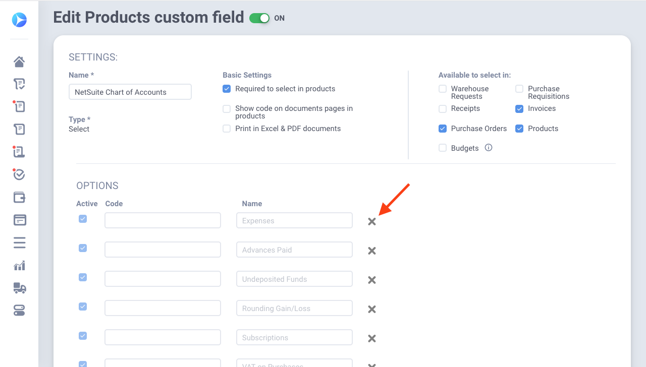 deleting integrated options in products custom fields