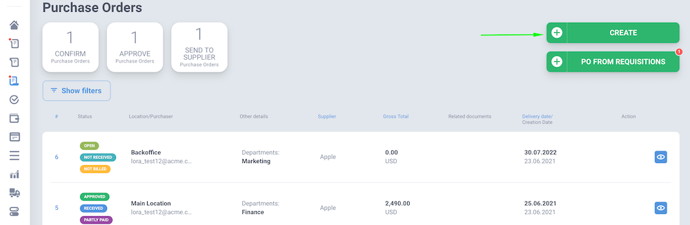 create a purchase order with precoro