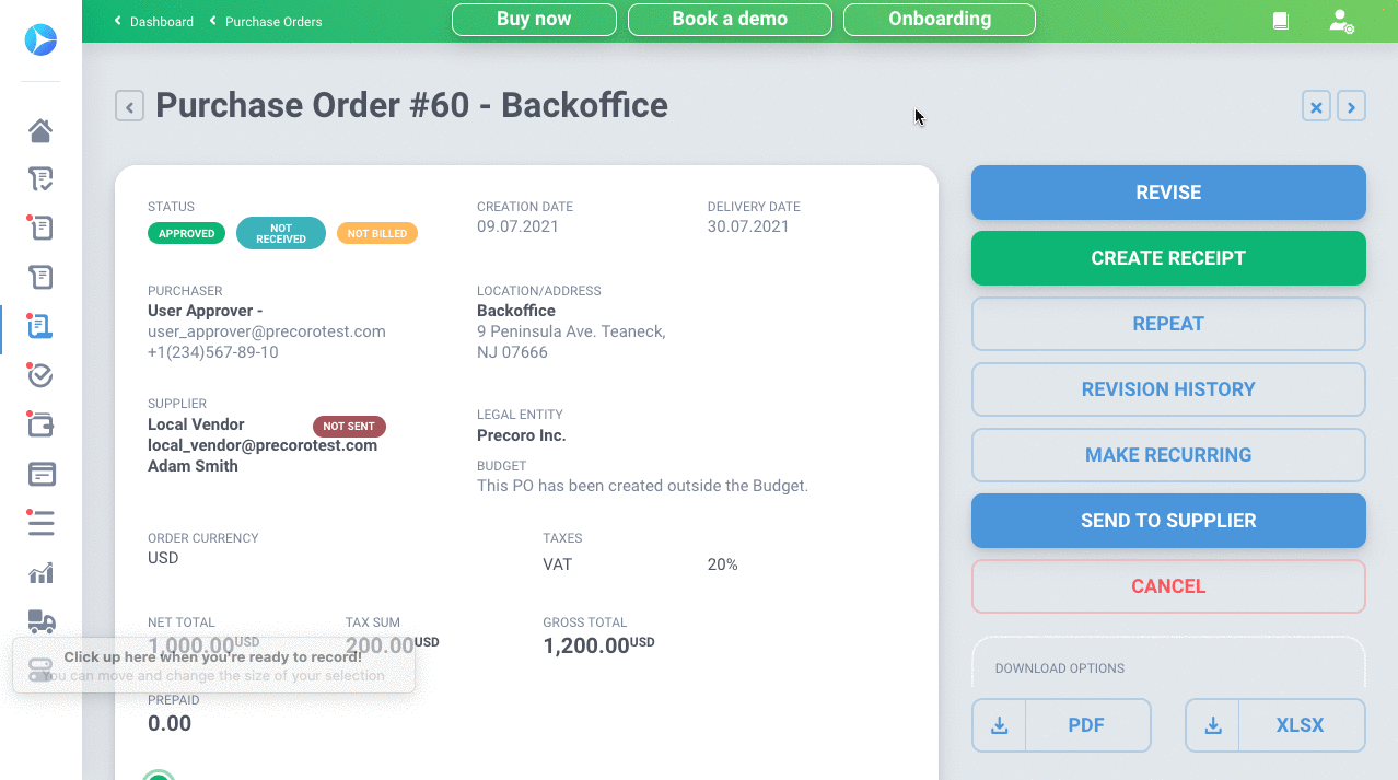 prepayments of purchase orders in precoro