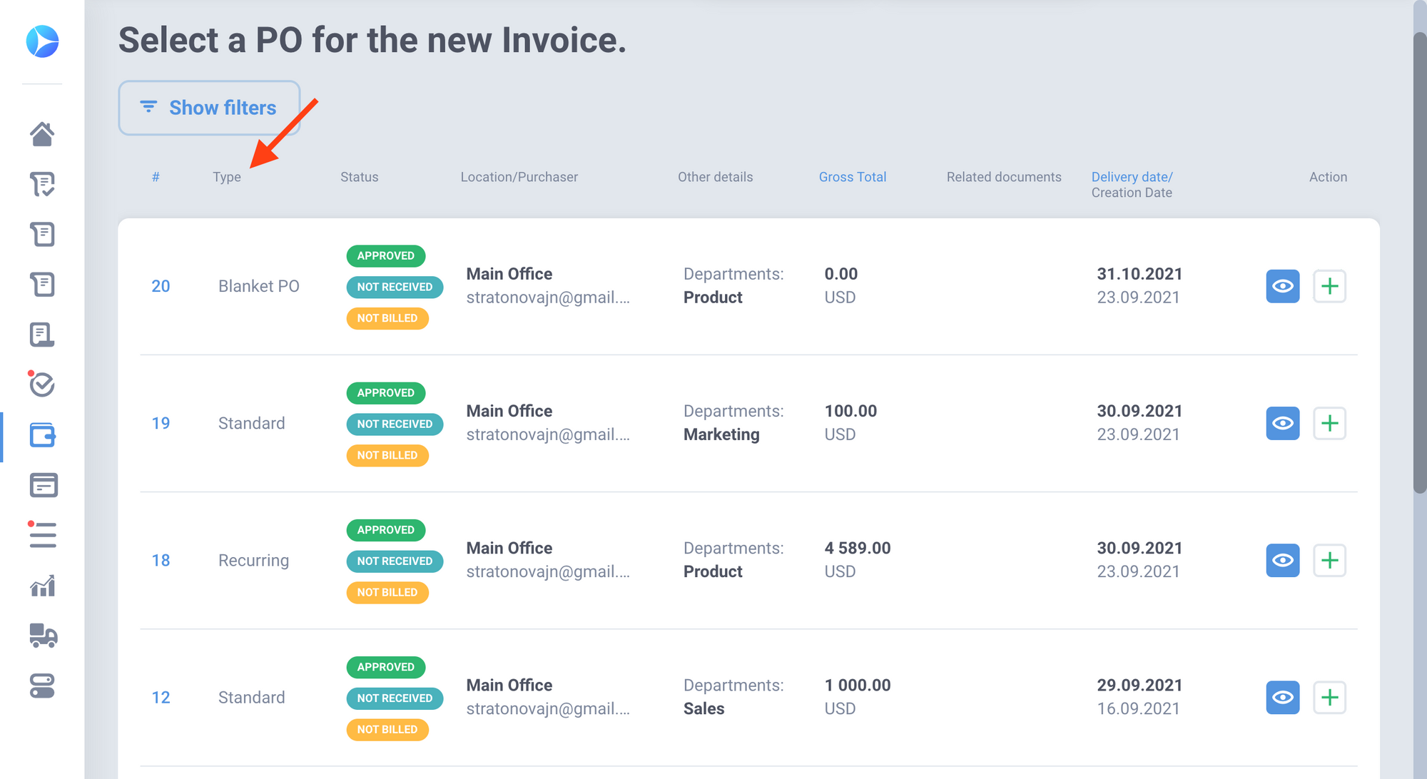 precoro po selection for invoice