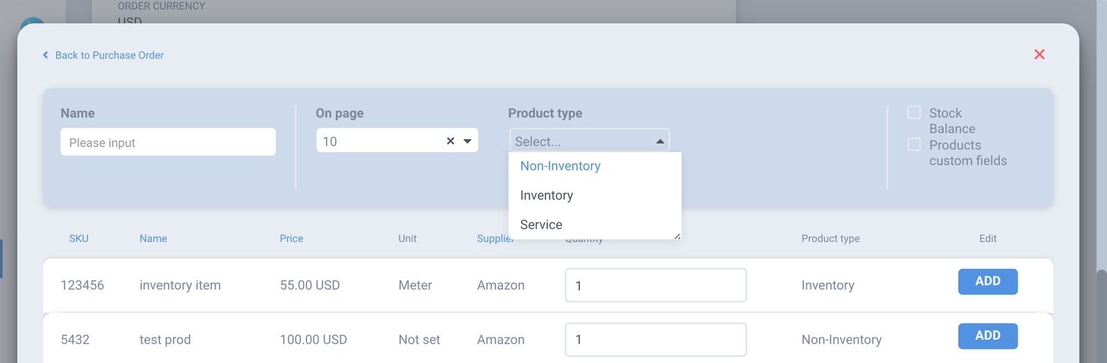 precoro product types in catalog