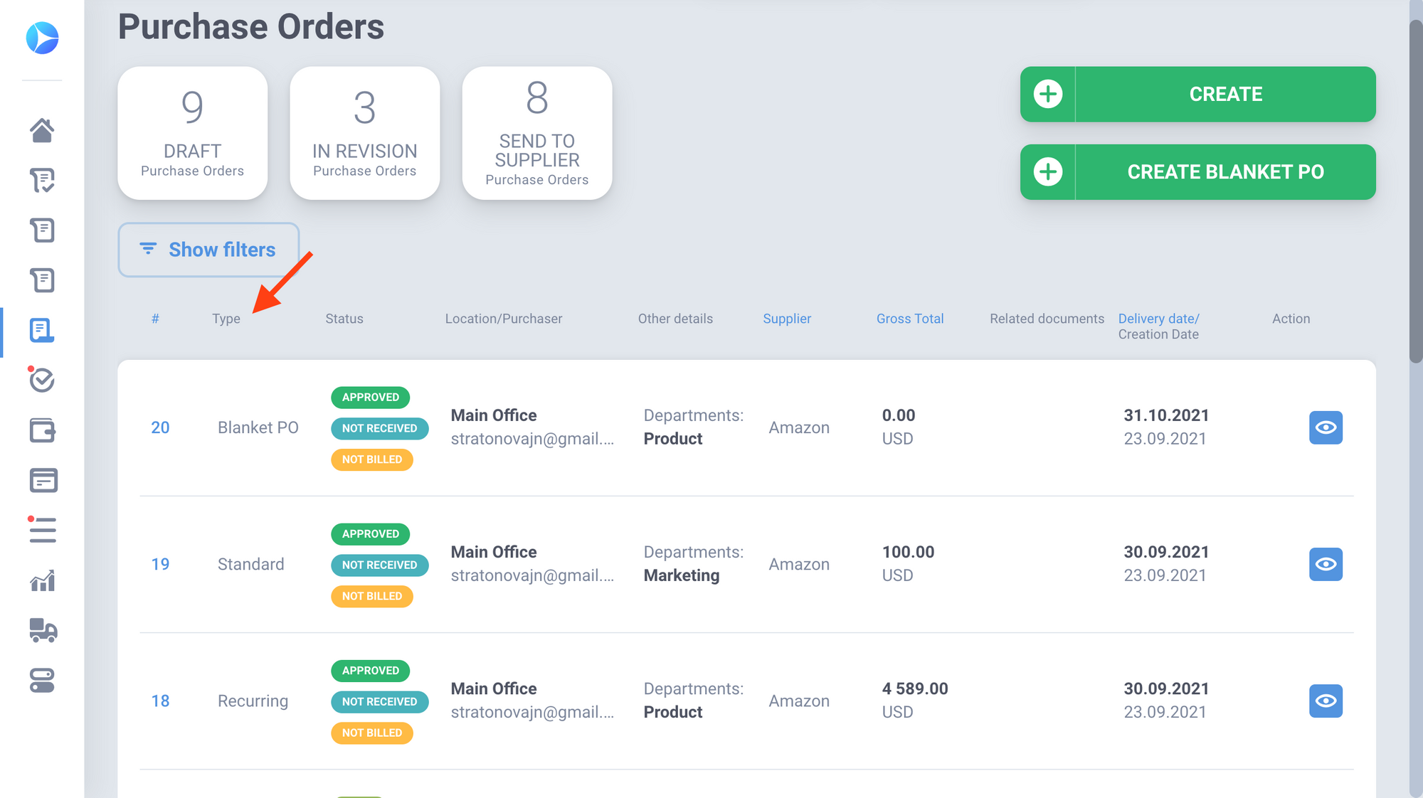 precoro purchase order type column