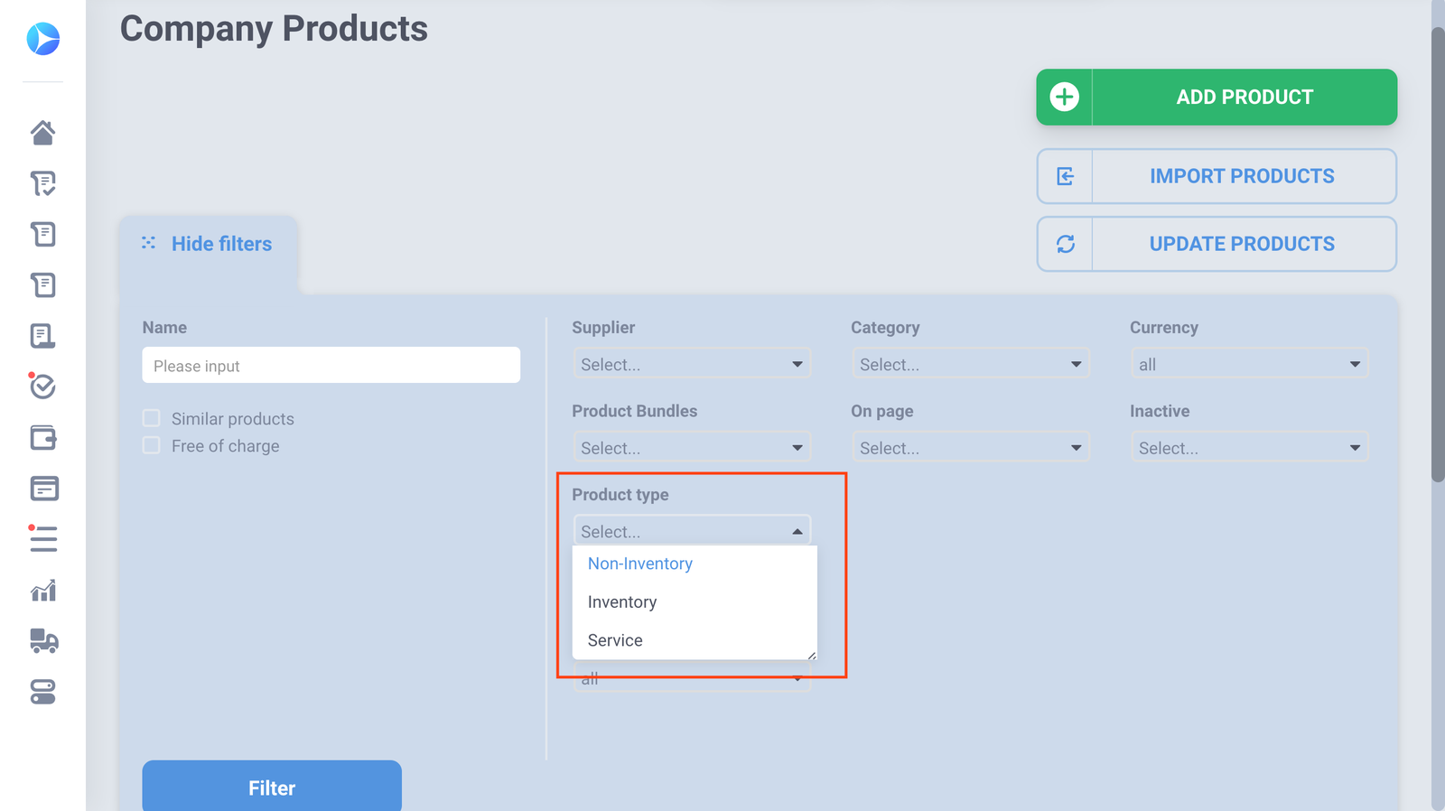 precoro product type filter in catalog