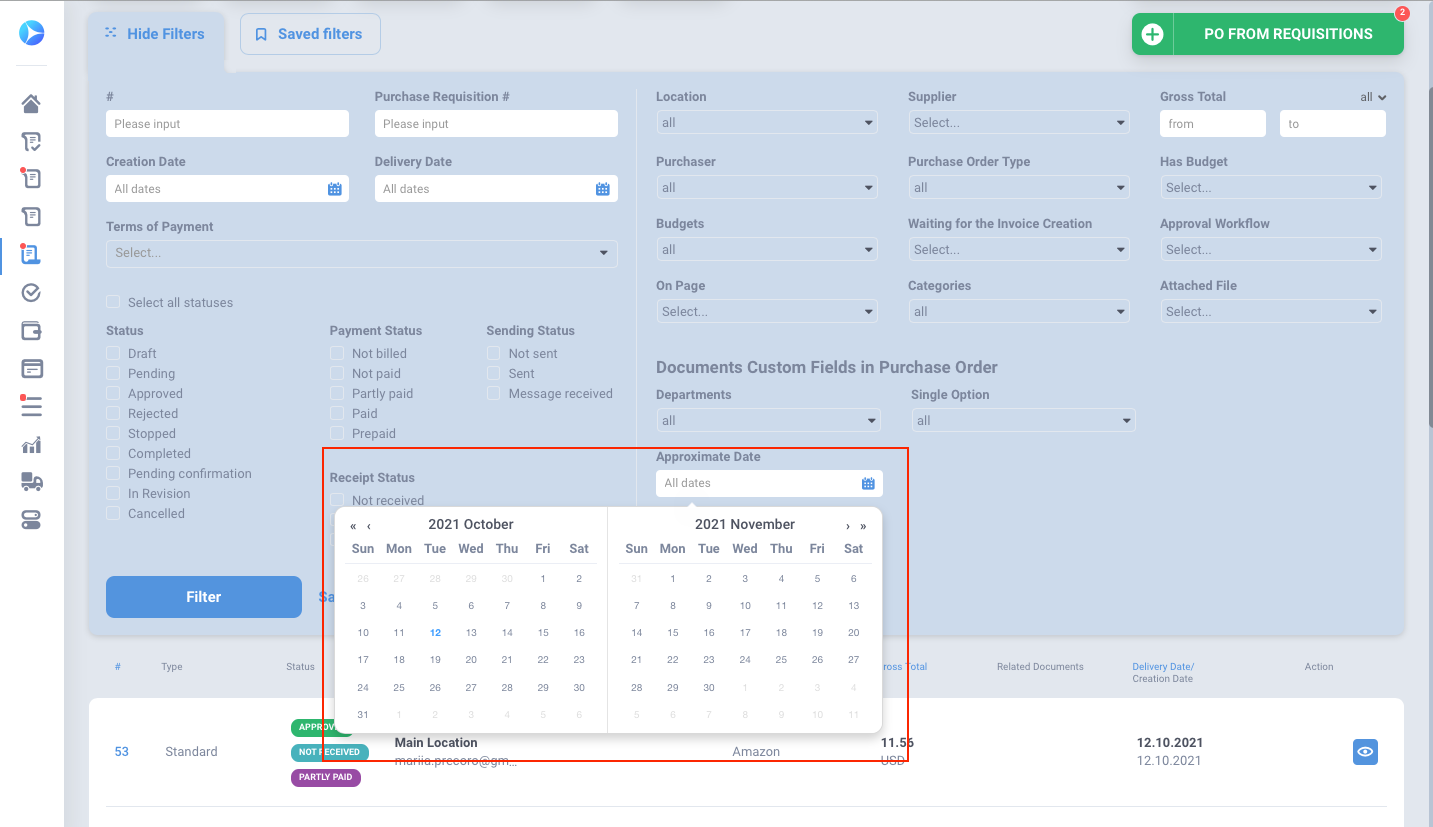 precoro date range filter for documents