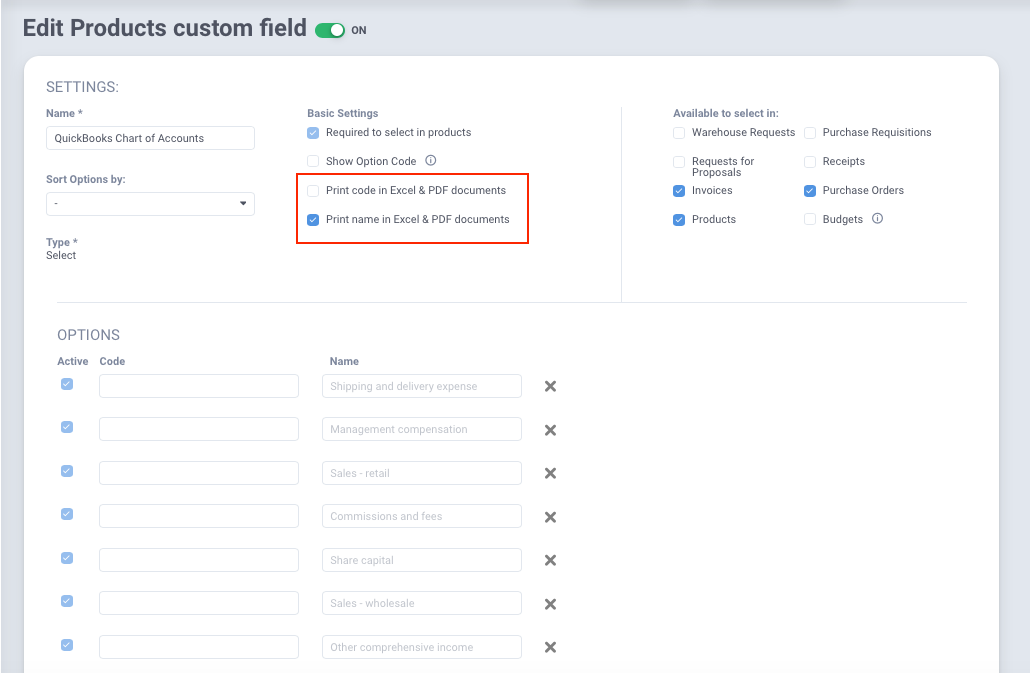 precoro product custom fields printing settings