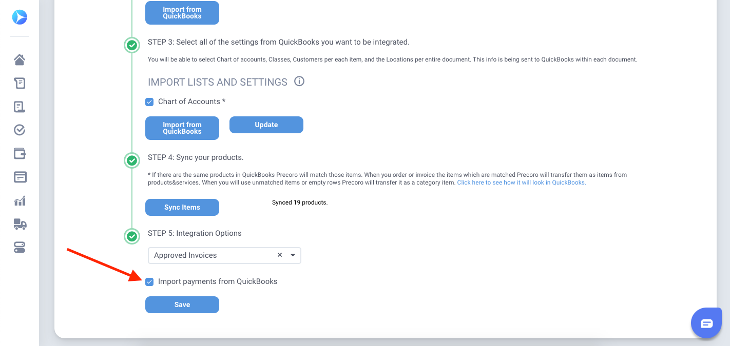 precoro importing payments from quickbooks