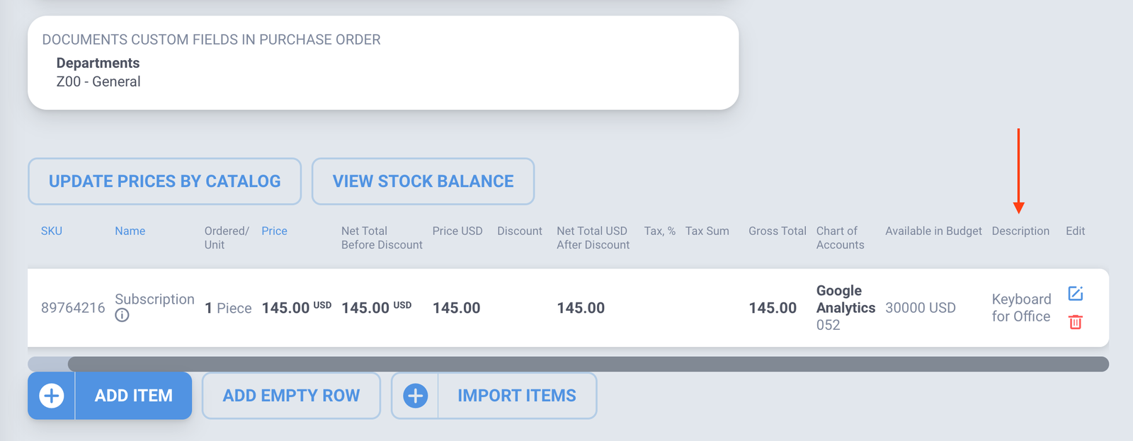 Item Description Field in the Purchase Order