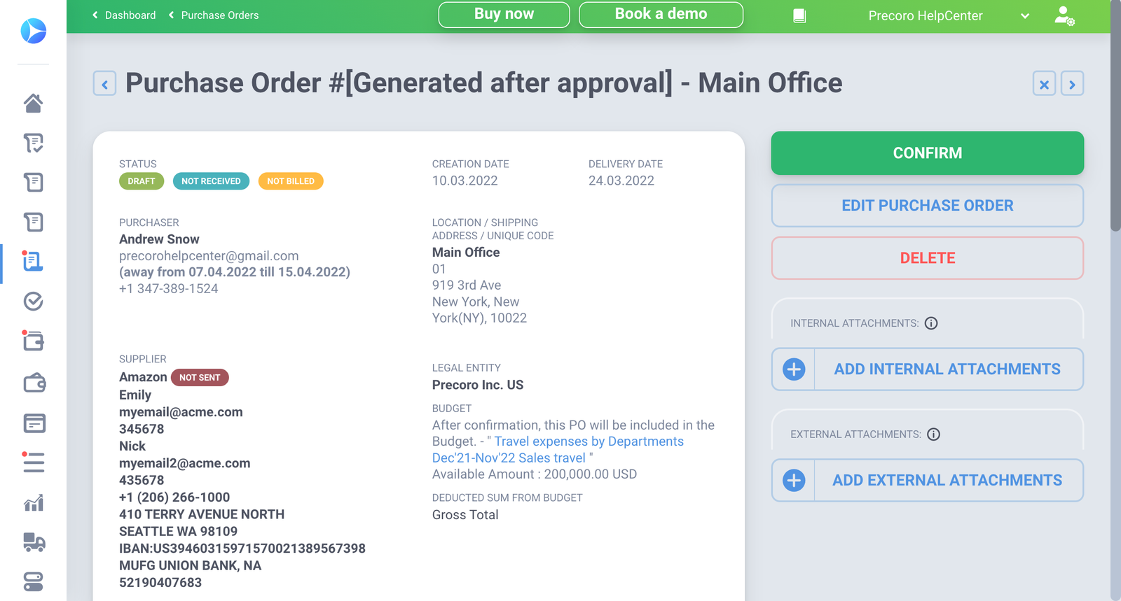 Purchase Order details with hidden number