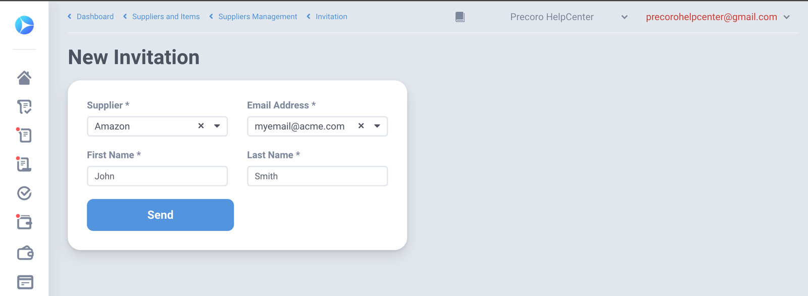 precoro sending an invitation to the supplier portal