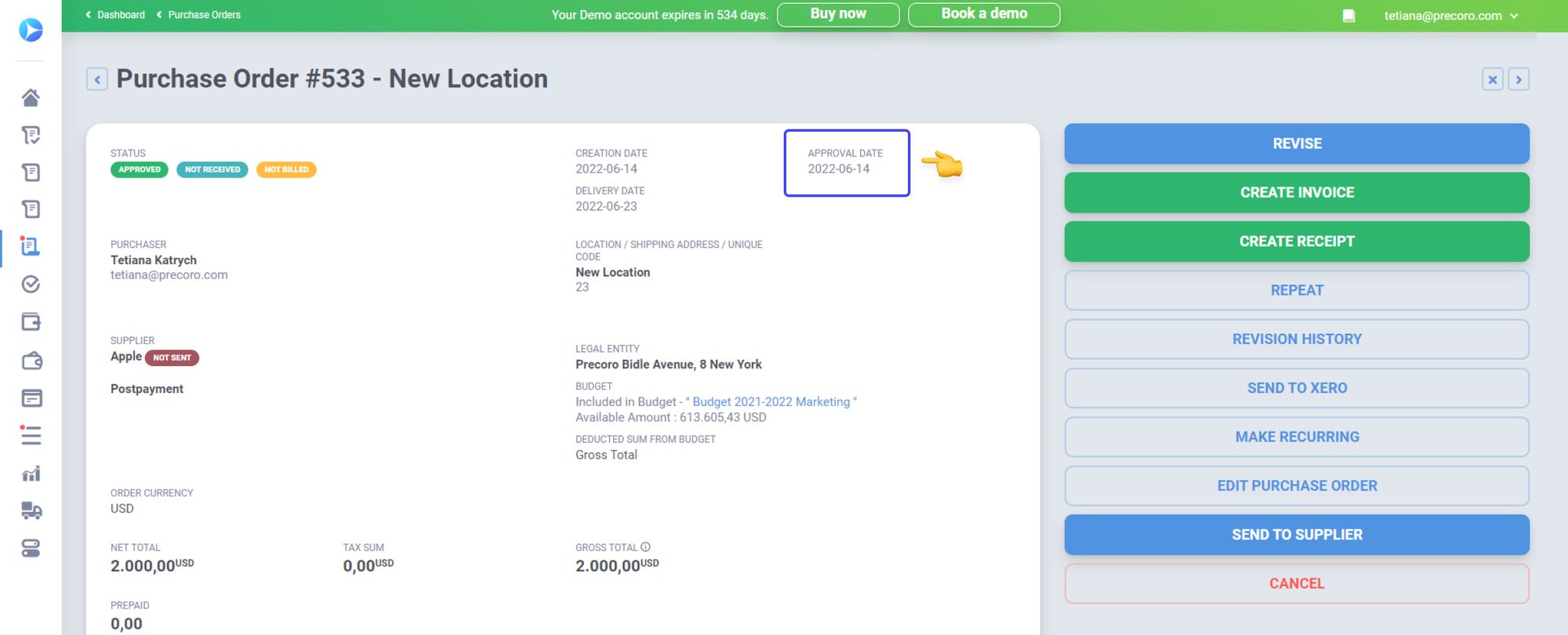 precoro purchase order approval date