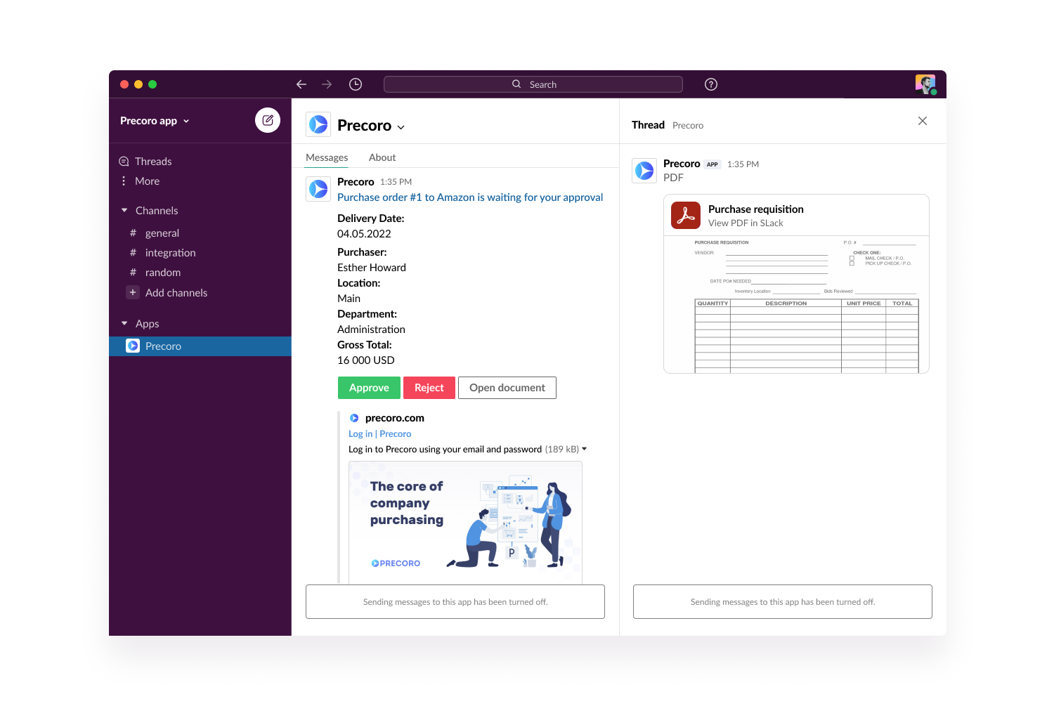 view of precoro integration in slack