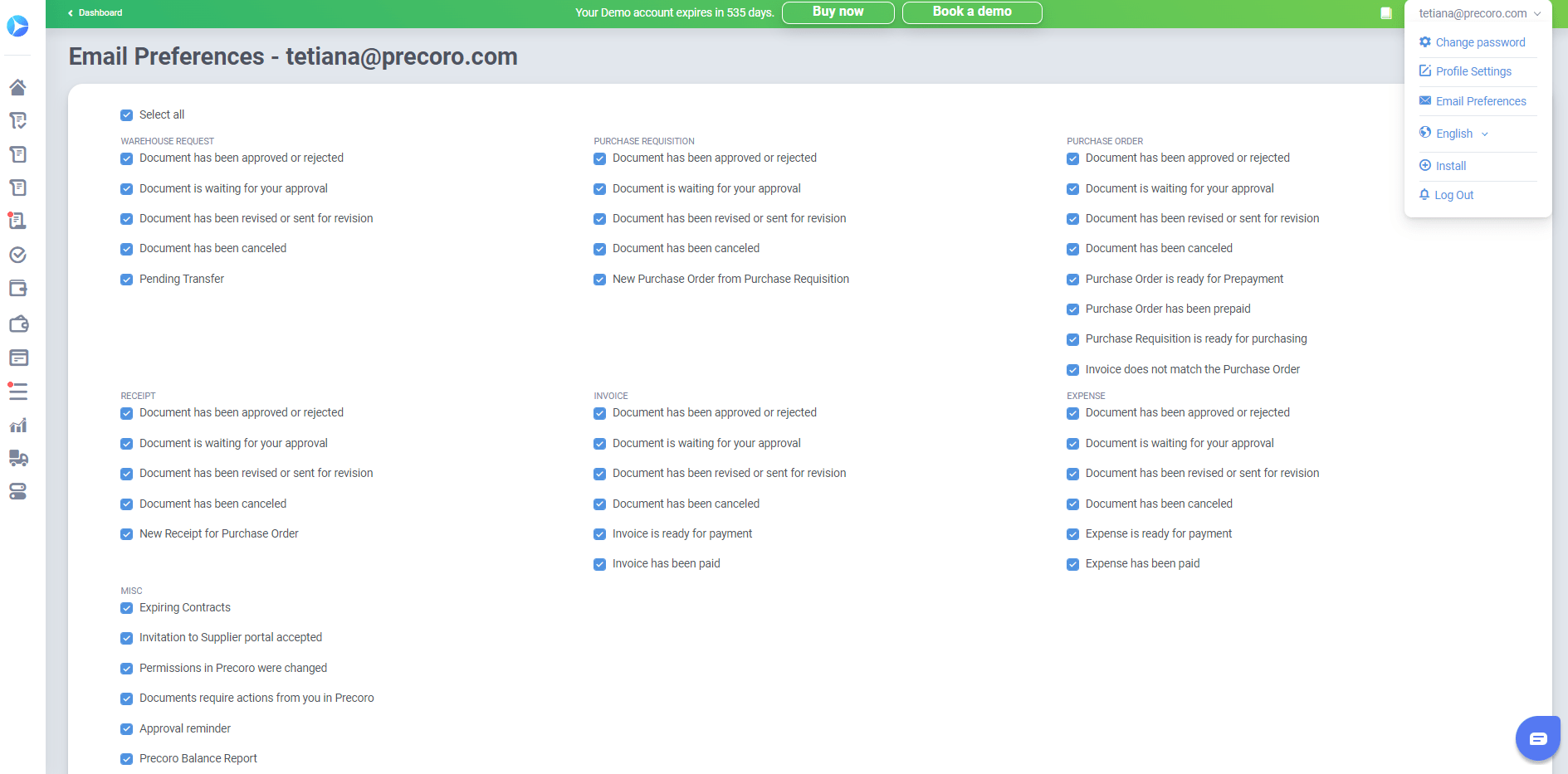 precoro setting up email preferences