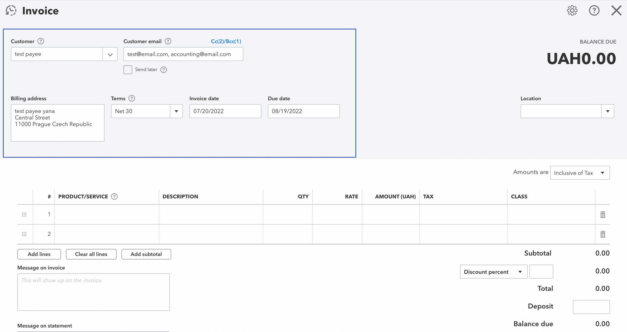 screenshot of filling information about customer and payment terms