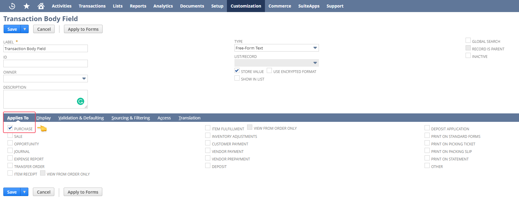 netsuite assigning a custom field to purchase record