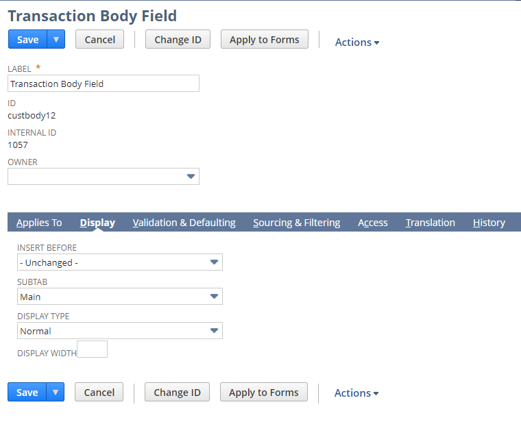 netsuite setting custom field display options