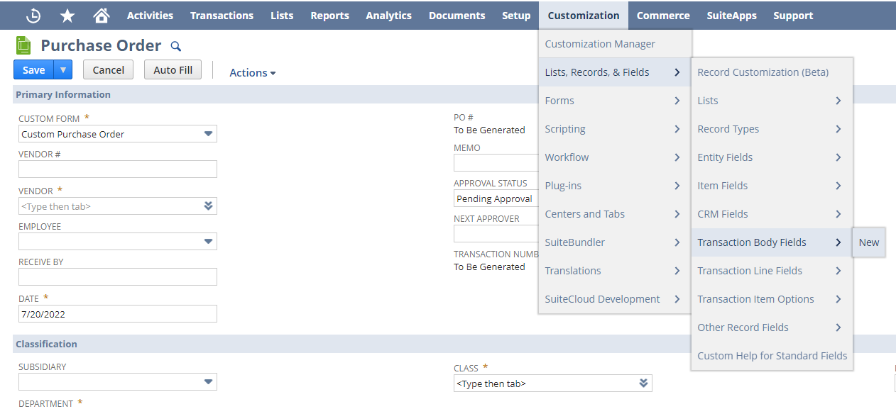 netsuite opening the custom field tab