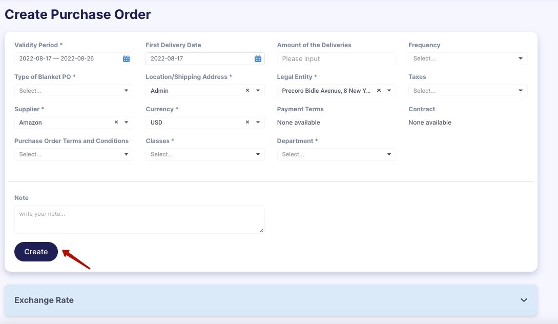 creating blanket purchase order in precoro