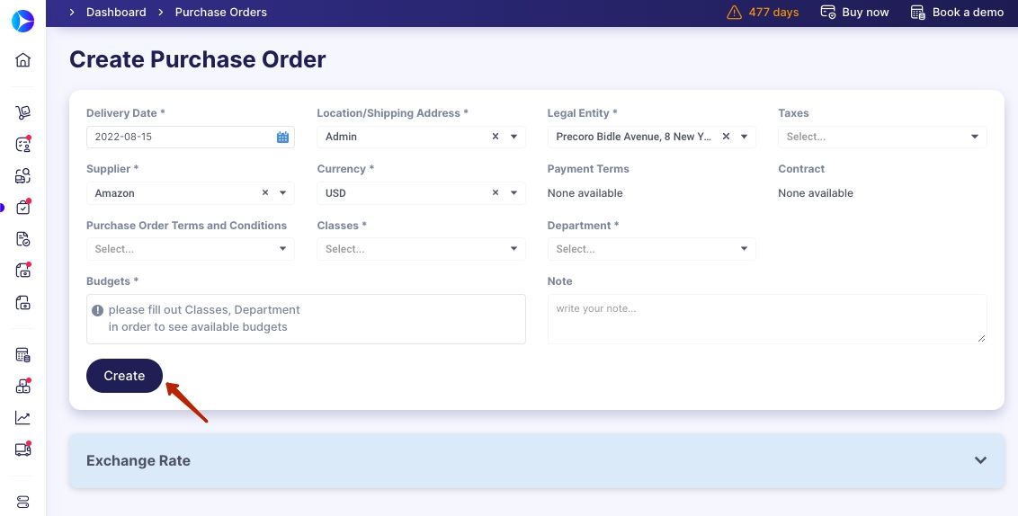 creating purchase order in precoro step 5