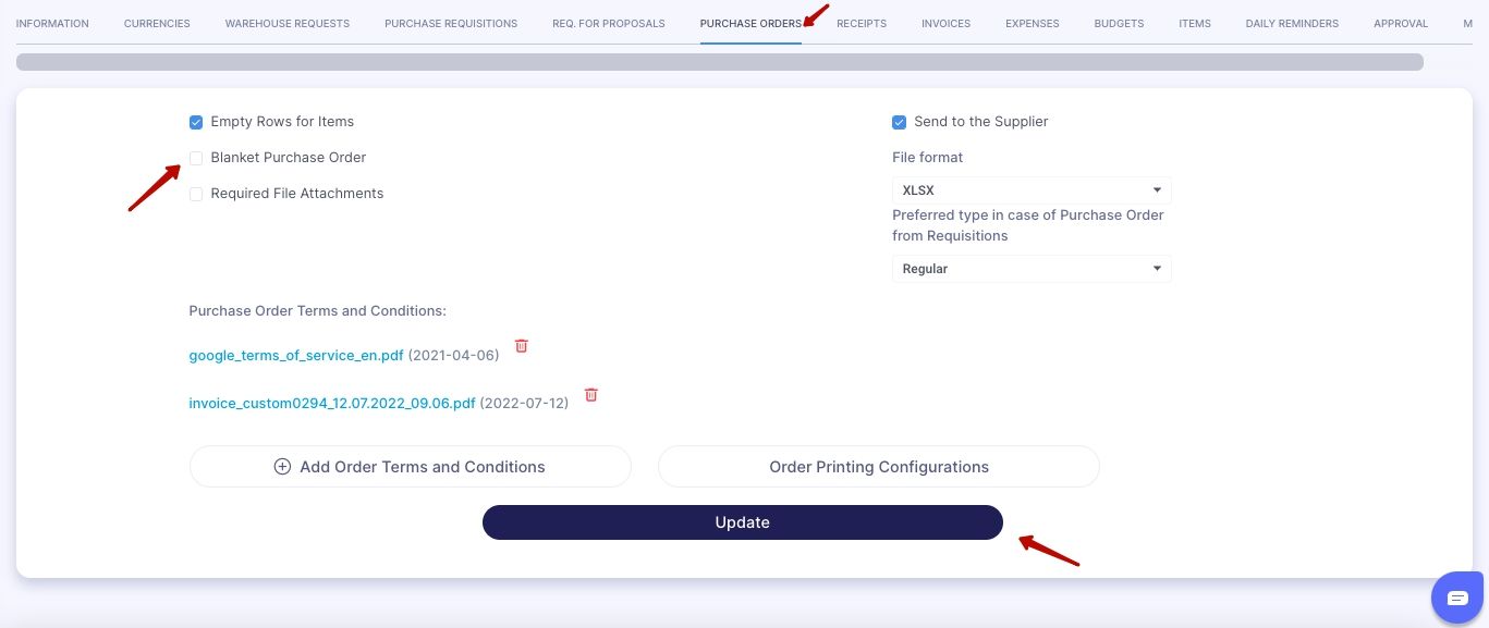 creating blanket purchase order in precoro step 4