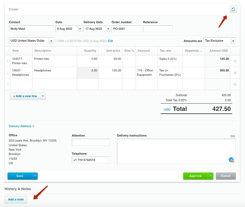 creating a purchase order in xero step 6