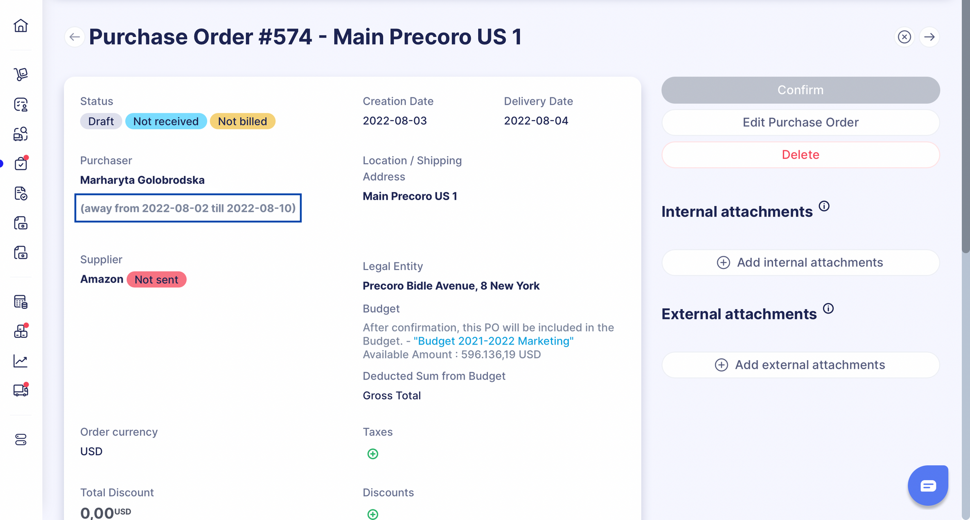 an example of displaying status away on the purchase order