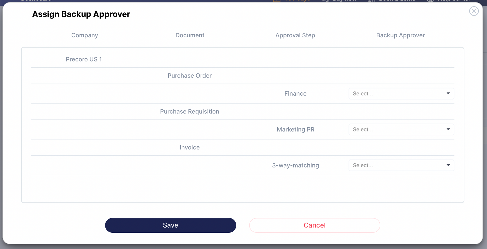 menu to assign backup approvers to different document types