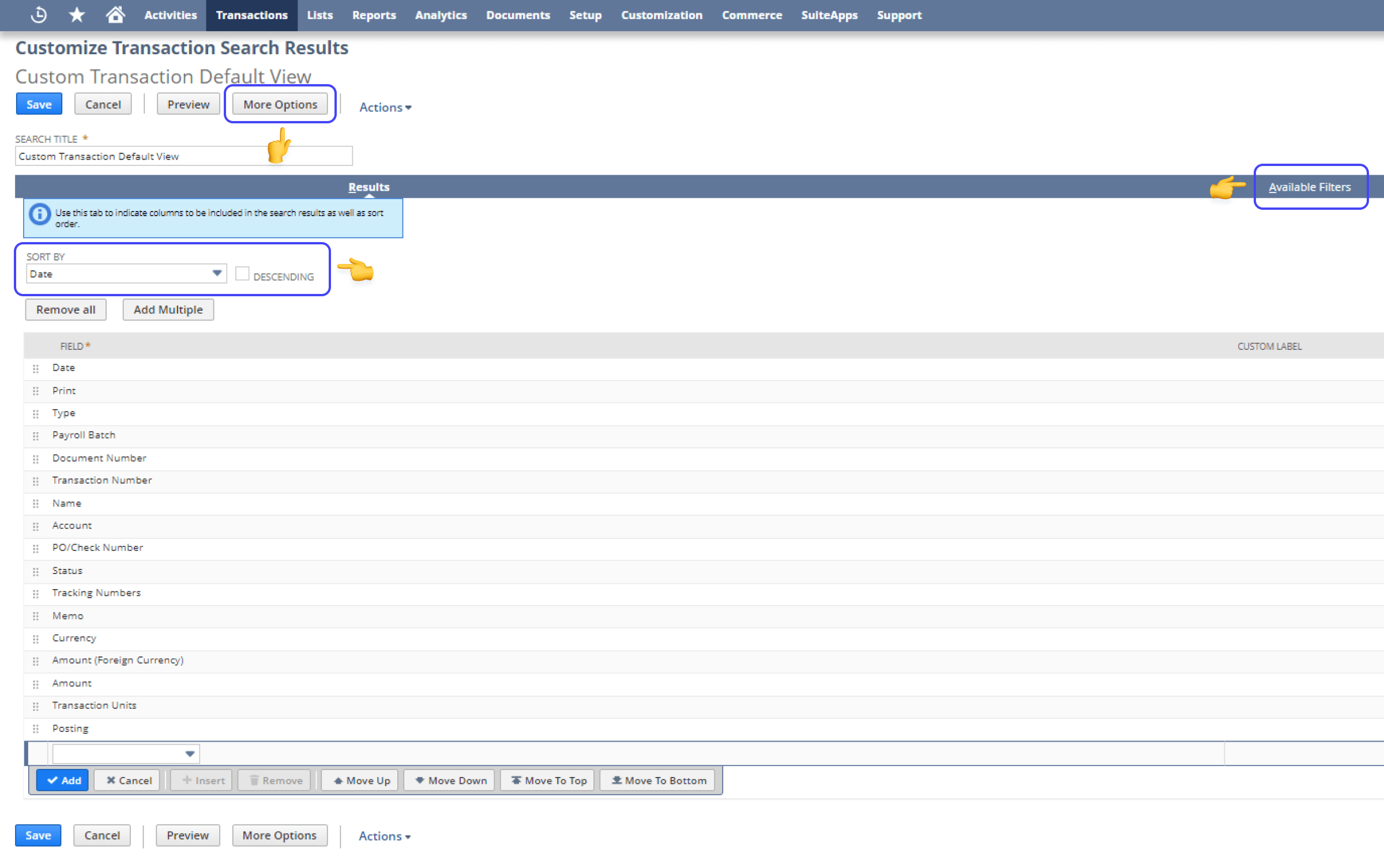 netsuite customize transaction search results page