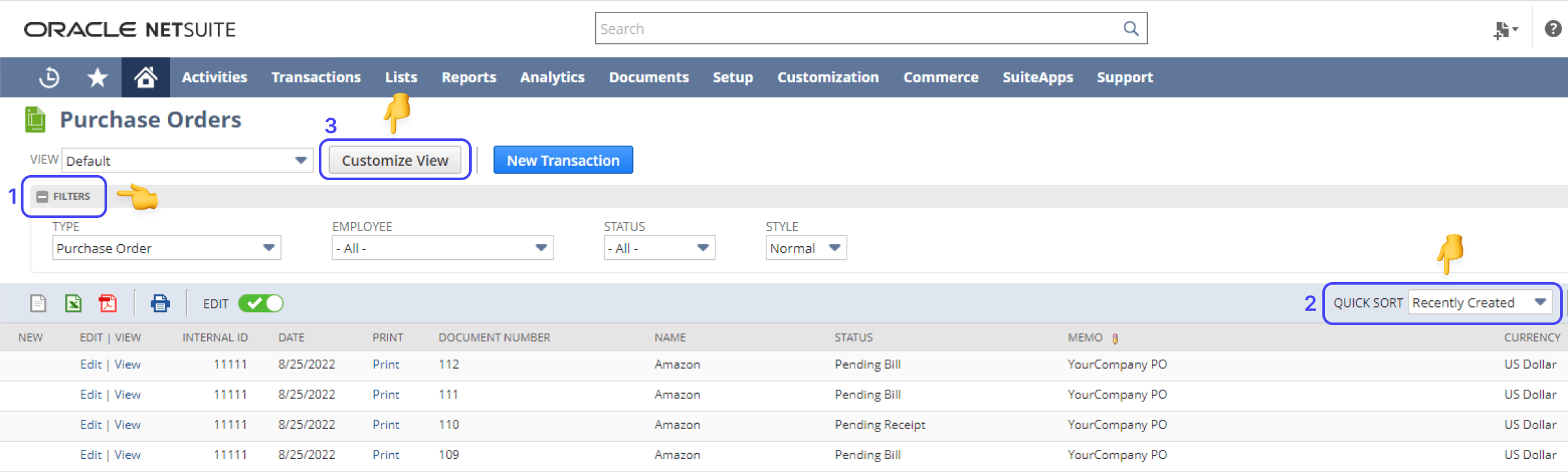 netsuite purchase orders page