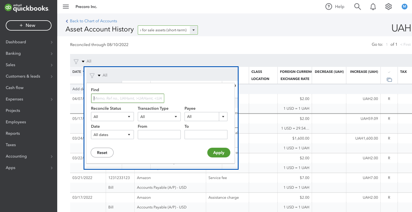 filtering transactions in account history
