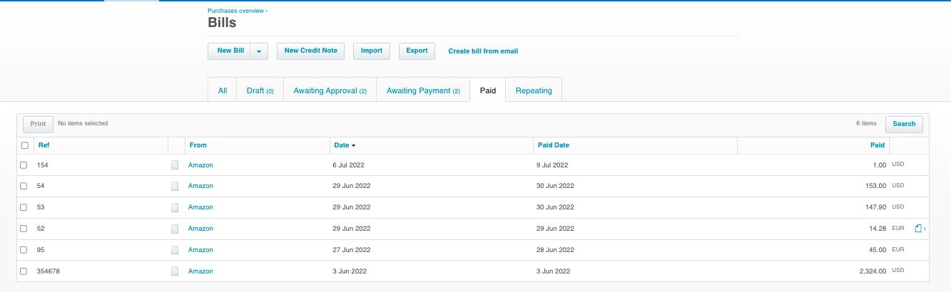 list of bills in xero