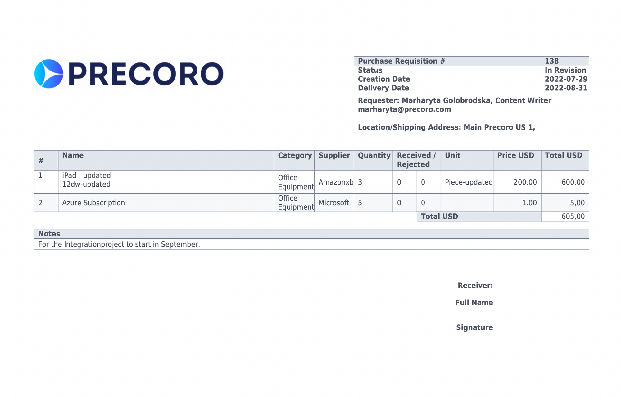 An example of purchase requisition from Precoro
