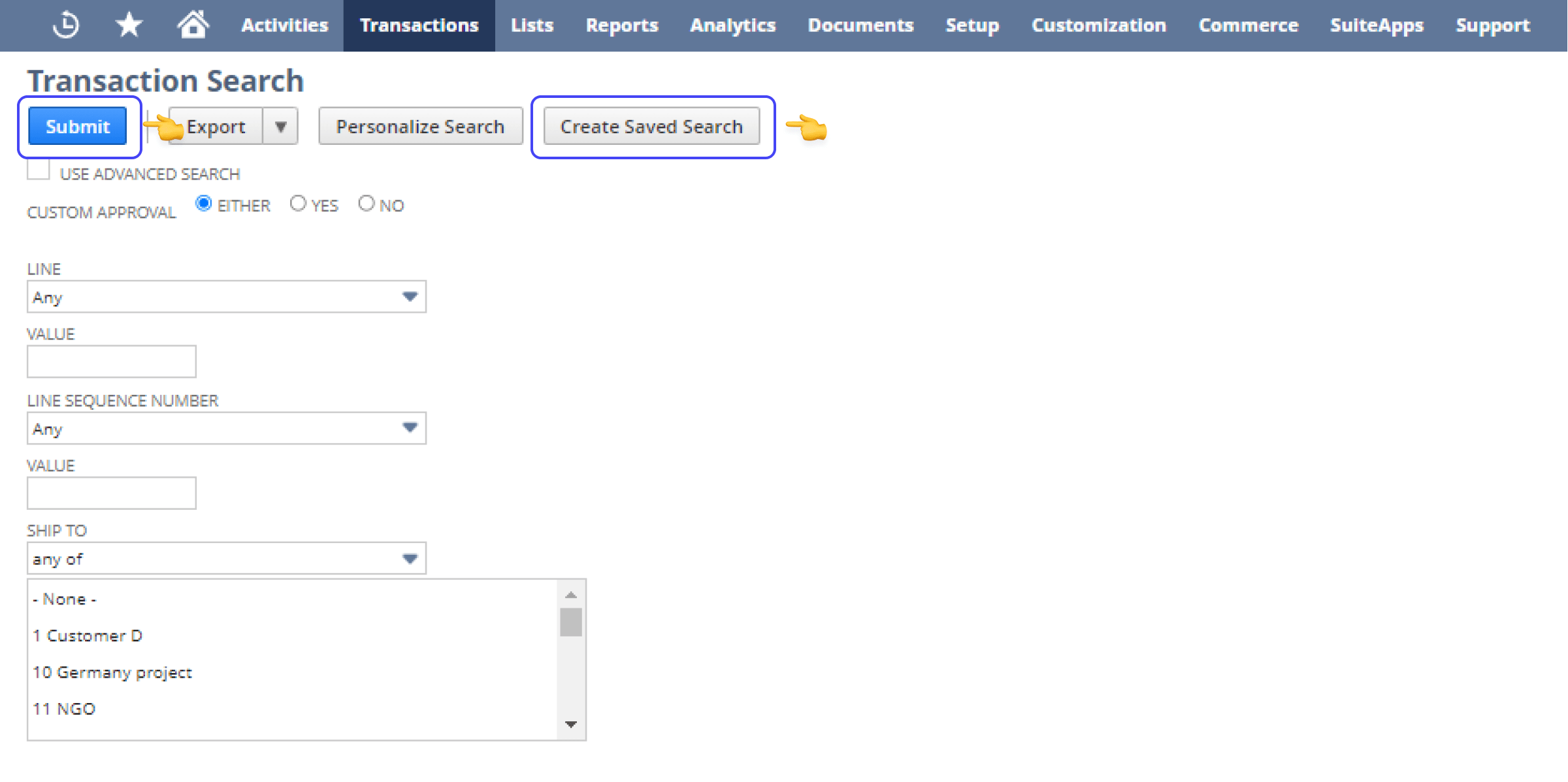 netsuite transaction search page