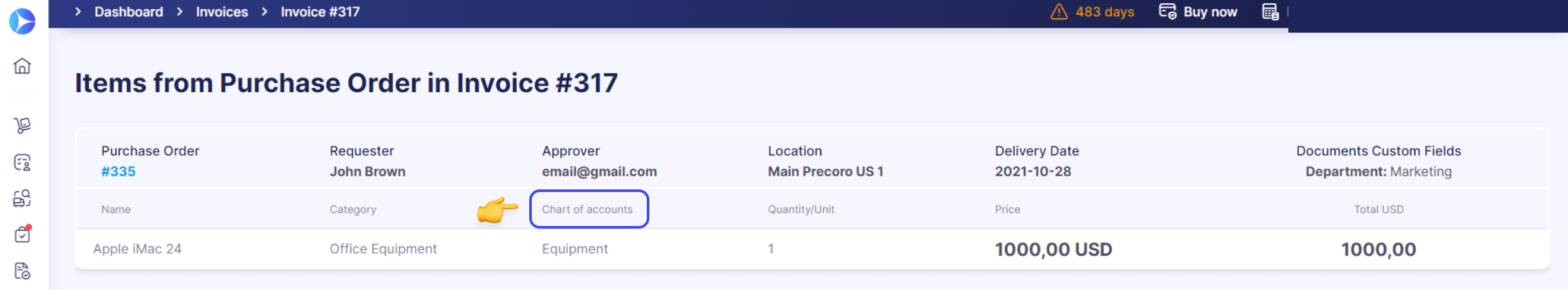 items from purchase order in invoice