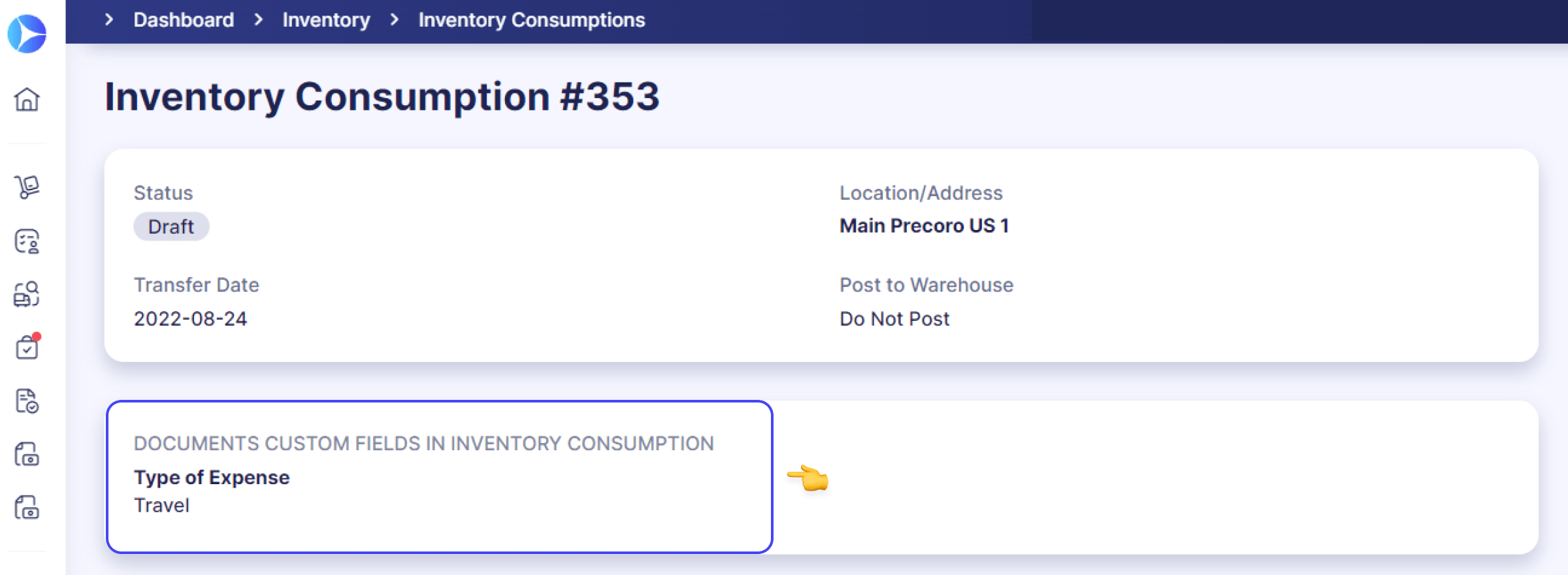 documents custom fields in inventory consumption