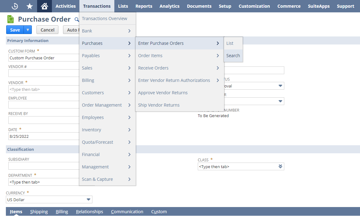 netsuite purchase orders search