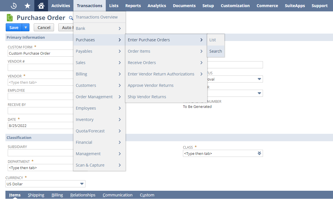 How to Find Purchase Order Record Type in Netsuite