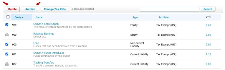 how to delete or archive the chart of accounts in xero